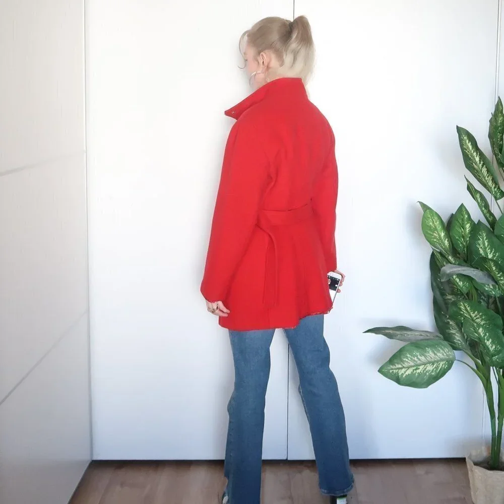 Michael Kors 100% Wool Red Coat With Stand-collar & Belt - Picture 9 of 13